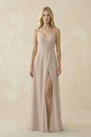 V - Neck Ruched Chiffon Bridesmaid Dress with Slit in Almond - KissProm Bridesmaid Dresses