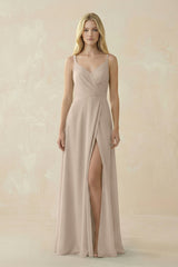 V - Neck Ruched Chiffon Bridesmaid Dress with Slit in Almond - KissProm Bridesmaid Dresses