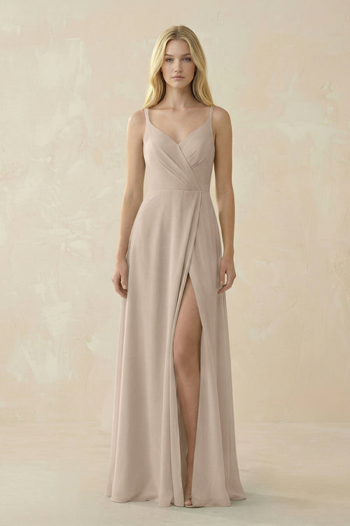 V - Neck Ruched Chiffon Bridesmaid Dress with Slit in Almond - KissProm Bridesmaid Dresses