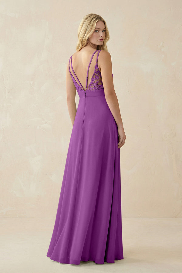 V - Neck Ruched Chiffon Bridesmaid Dress with Slit in Amethyst - KissProm Bridesmaid Dresses