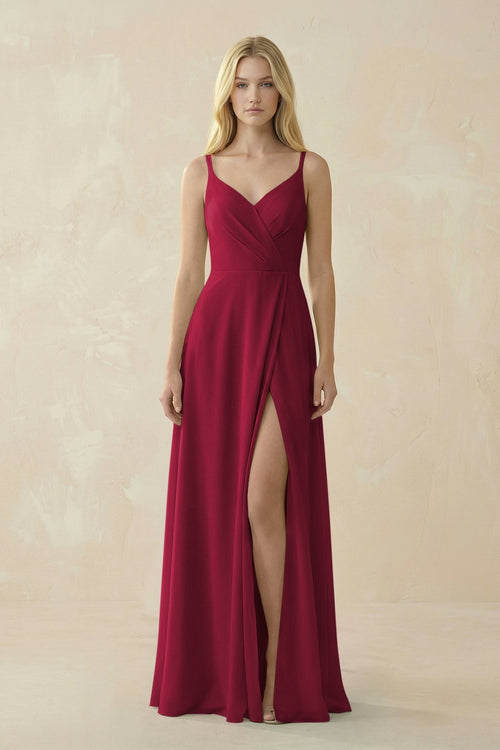 V - Neck Ruched Chiffon Bridesmaid Dress with Slit in Berry - KissProm Bridesmaid Dresses