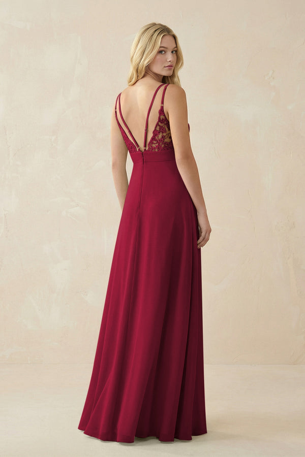 V - Neck Ruched Chiffon Bridesmaid Dress with Slit in Berry - KissProm Bridesmaid Dresses
