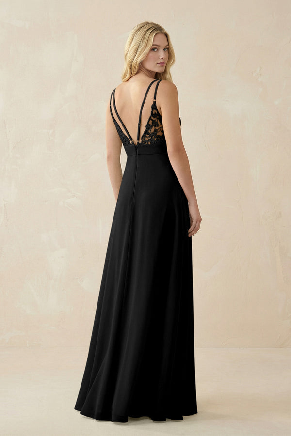 V - Neck Ruched Chiffon Bridesmaid Dress with Slit in Black - KissProm Bridesmaid Dresses