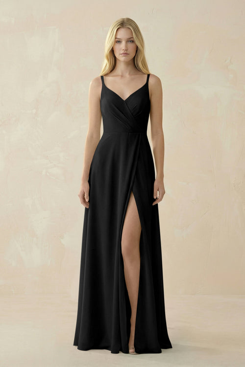 V - Neck Ruched Chiffon Bridesmaid Dress with Slit in Black - KissProm Bridesmaid Dresses