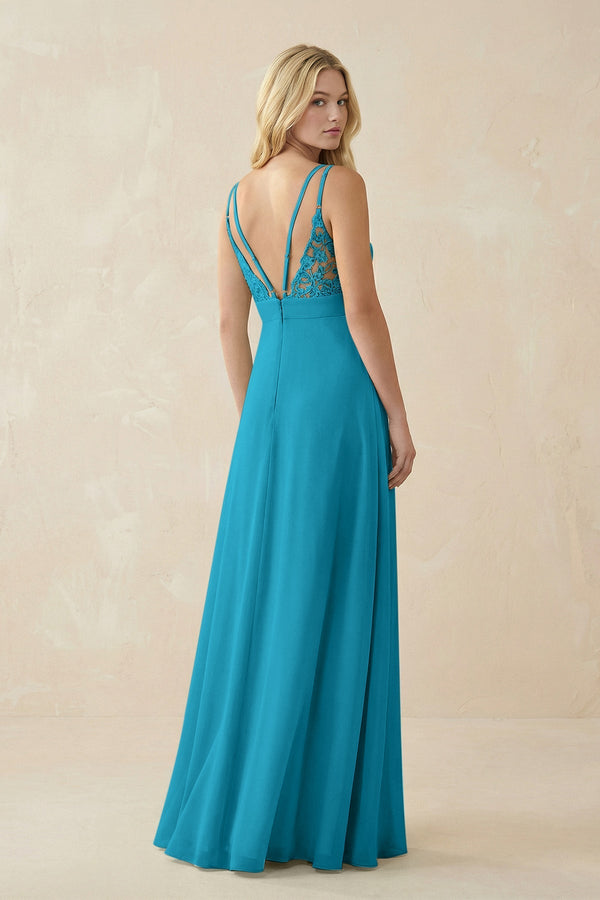 V - Neck Ruched Chiffon Bridesmaid Dress with Slit in Blue Jay - KissProm Bridesmaid Dresses