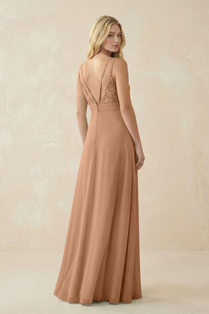 V - Neck Ruched Chiffon Bridesmaid Dress with Slit in Bronzer - KissProm Bridesmaid Dresses