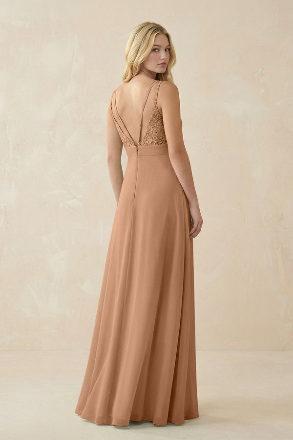 V - Neck Ruched Chiffon Bridesmaid Dress with Slit in Bronzer - KissProm Bridesmaid Dresses