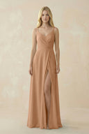 V - Neck Ruched Chiffon Bridesmaid Dress with Slit in Bronzer - KissProm Bridesmaid Dresses