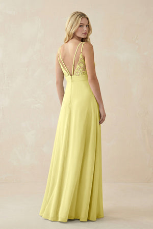 V - Neck Ruched Chiffon Bridesmaid Dress with Slit in Buttercup - KissProm Bridesmaid Dresses