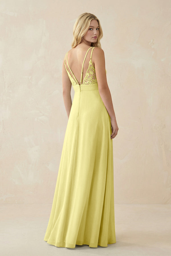 V - Neck Ruched Chiffon Bridesmaid Dress with Slit in Buttercup - KissProm Bridesmaid Dresses