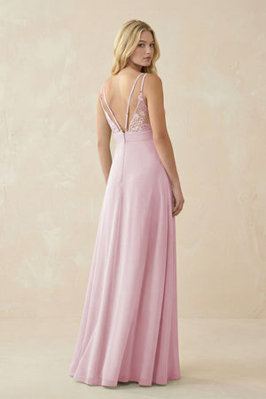 V - Neck Ruched Chiffon Bridesmaid Dress with Slit in Candy Pink - KissProm Bridesmaid Dresses