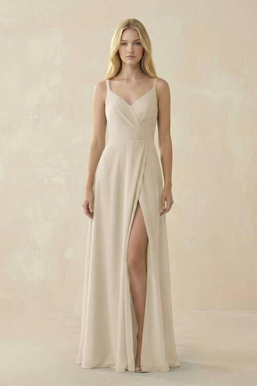 V - Neck Ruched Chiffon Bridesmaid Dress with Slit in Champagne - KissProm Bridesmaid Dresses