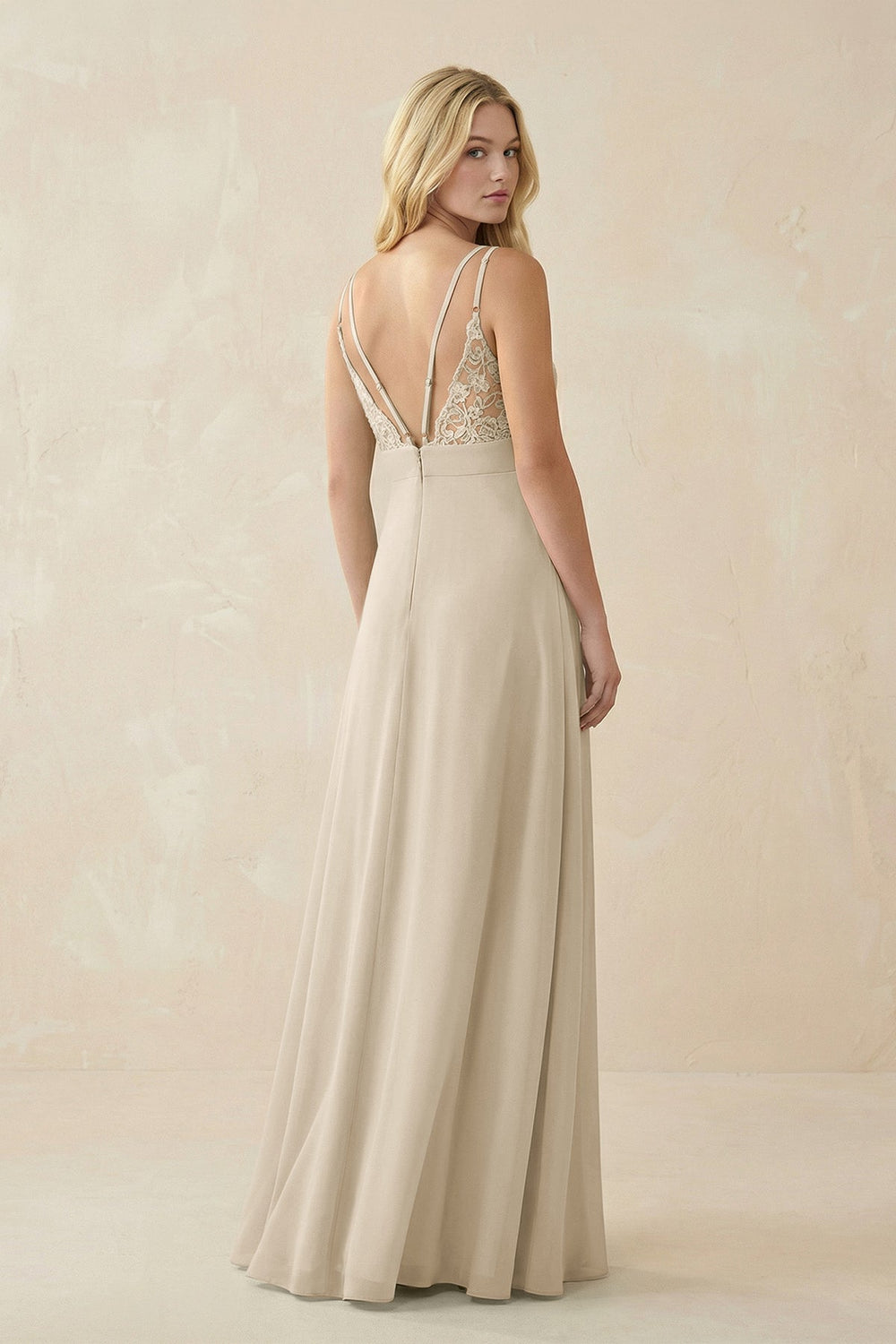 V - Neck Ruched Chiffon Bridesmaid Dress with Slit in Champagne - KissProm Bridesmaid Dresses