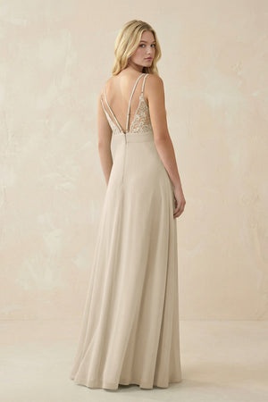V - Neck Ruched Chiffon Bridesmaid Dress with Slit in Champagne - KissProm Bridesmaid Dresses