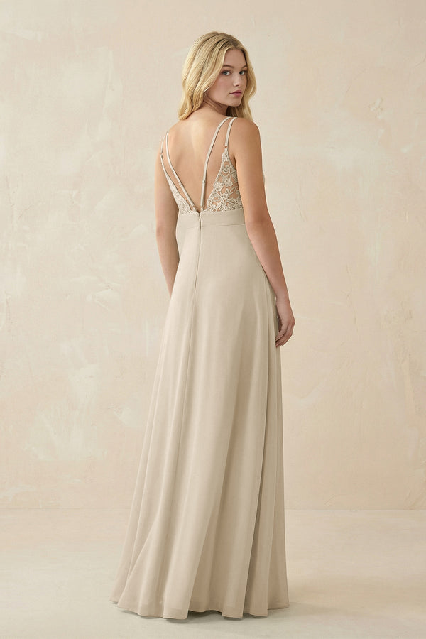 V - Neck Ruched Chiffon Bridesmaid Dress with Slit in Champagne - KissProm Bridesmaid Dresses