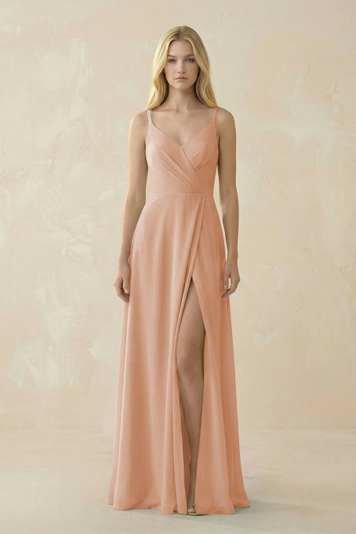 V - Neck Ruched Chiffon Bridesmaid Dress with Slit in Champagne Rose - KissProm Bridesmaid Dresses