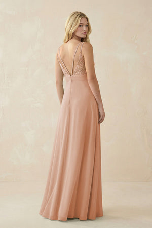 V - Neck Ruched Chiffon Bridesmaid Dress with Slit in Champagne Rose - KissProm Bridesmaid Dresses