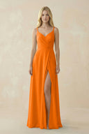 V - Neck Ruched Chiffon Bridesmaid Dress with Slit in Cinnamon - KissProm Bridesmaid Dresses