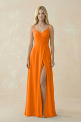 V - Neck Ruched Chiffon Bridesmaid Dress with Slit in Cinnamon - KissProm Bridesmaid Dresses