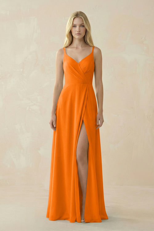 V - Neck Ruched Chiffon Bridesmaid Dress with Slit in Cinnamon - KissProm Bridesmaid Dresses
