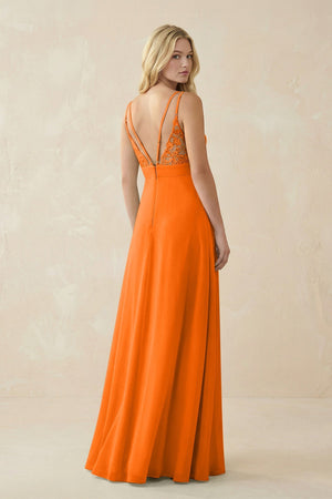 V - Neck Ruched Chiffon Bridesmaid Dress with Slit in Cinnamon - KissProm Bridesmaid Dresses