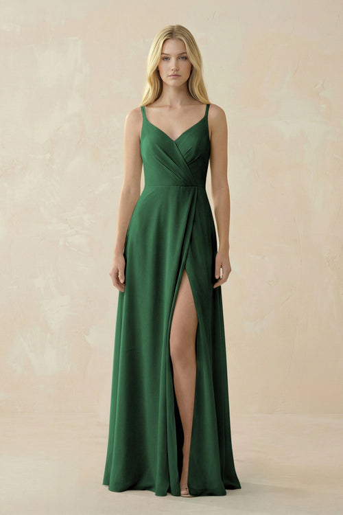 V - Neck Ruched Chiffon Bridesmaid Dress with Slit in Dark Green - KissProm Bridesmaid Dresses