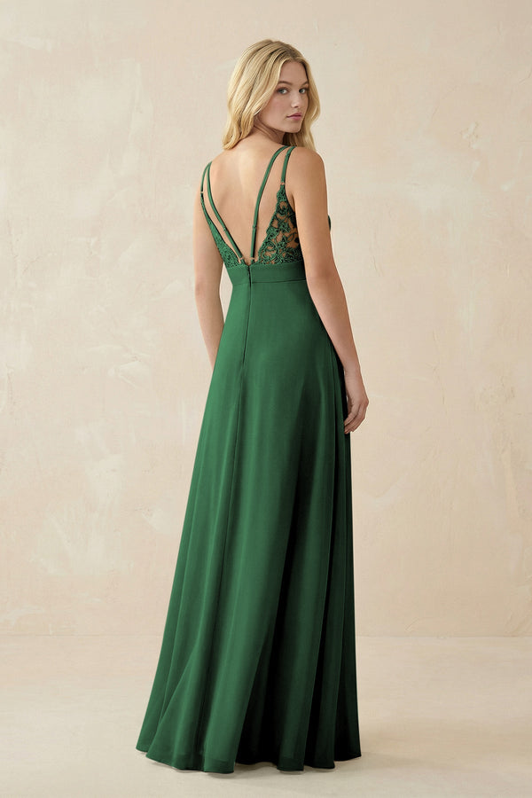 V - Neck Ruched Chiffon Bridesmaid Dress with Slit in Dark Green - KissProm Bridesmaid Dresses