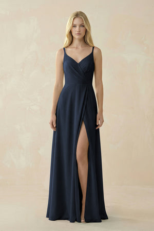 V - Neck Ruched Chiffon Bridesmaid Dress with Slit in Dark Navy - KissProm Bridesmaid Dresses