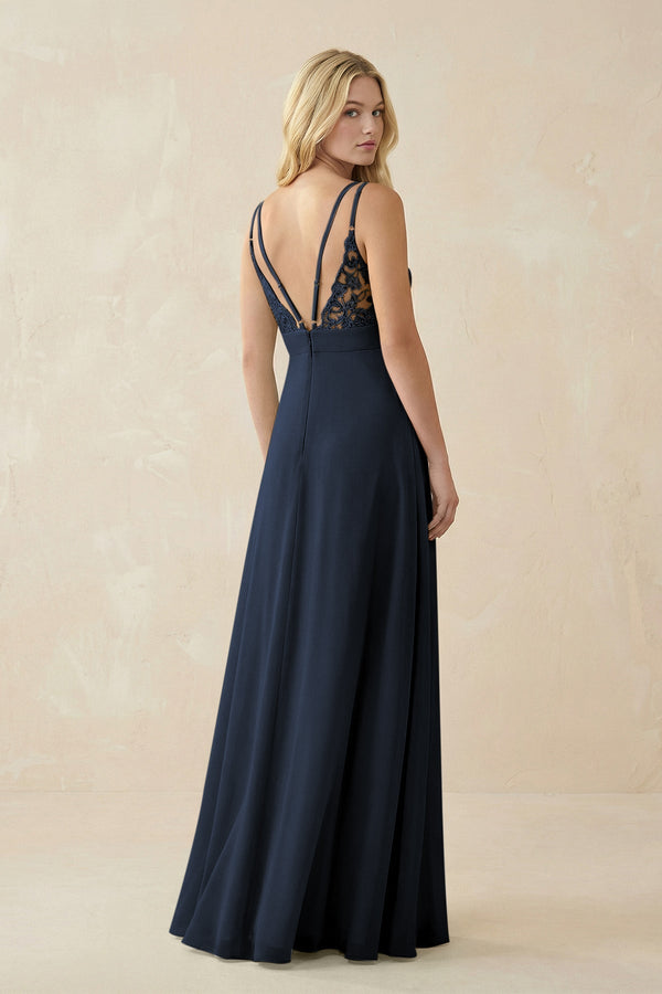 V - Neck Ruched Chiffon Bridesmaid Dress with Slit in Dark Navy - KissProm Bridesmaid Dresses