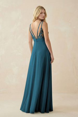 V - Neck Ruched Chiffon Bridesmaid Dress with Slit in Dark Teal - KissProm Bridesmaid Dresses