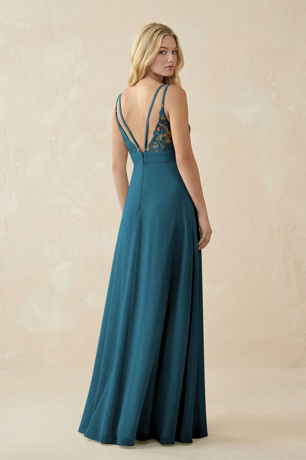 V - Neck Ruched Chiffon Bridesmaid Dress with Slit in Dark Teal - KissProm Bridesmaid Dresses
