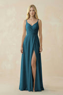 V - Neck Ruched Chiffon Bridesmaid Dress with Slit in Dark Teal - KissProm Bridesmaid Dresses