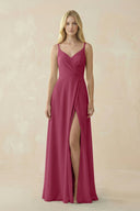 V - Neck Ruched Chiffon Bridesmaid Dress with Slit in Desert Rose - KissProm Bridesmaid Dresses