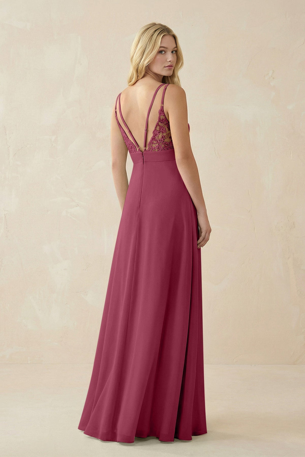 V - Neck Ruched Chiffon Bridesmaid Dress with Slit in Desert Rose - KissProm Bridesmaid Dresses
