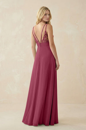 V - Neck Ruched Chiffon Bridesmaid Dress with Slit in Desert Rose - KissProm Bridesmaid Dresses