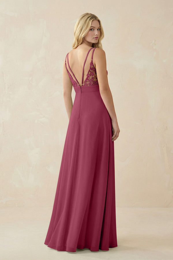 V - Neck Ruched Chiffon Bridesmaid Dress with Slit in Desert Rose - KissProm Bridesmaid Dresses