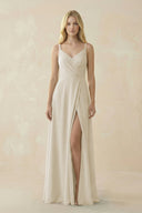 V - Neck Ruched Chiffon Bridesmaid Dress with Slit in Dove Gray - KissProm Bridesmaid Dresses