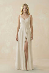 V - Neck Ruched Chiffon Bridesmaid Dress with Slit in Dove Gray - KissProm Bridesmaid Dresses