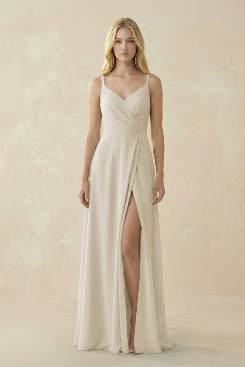 V - Neck Ruched Chiffon Bridesmaid Dress with Slit in Dove Gray - KissProm Bridesmaid Dresses