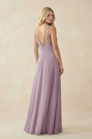 V - Neck Ruched Chiffon Bridesmaid Dress with Slit in Dusk - KissProm Bridesmaid Dresses