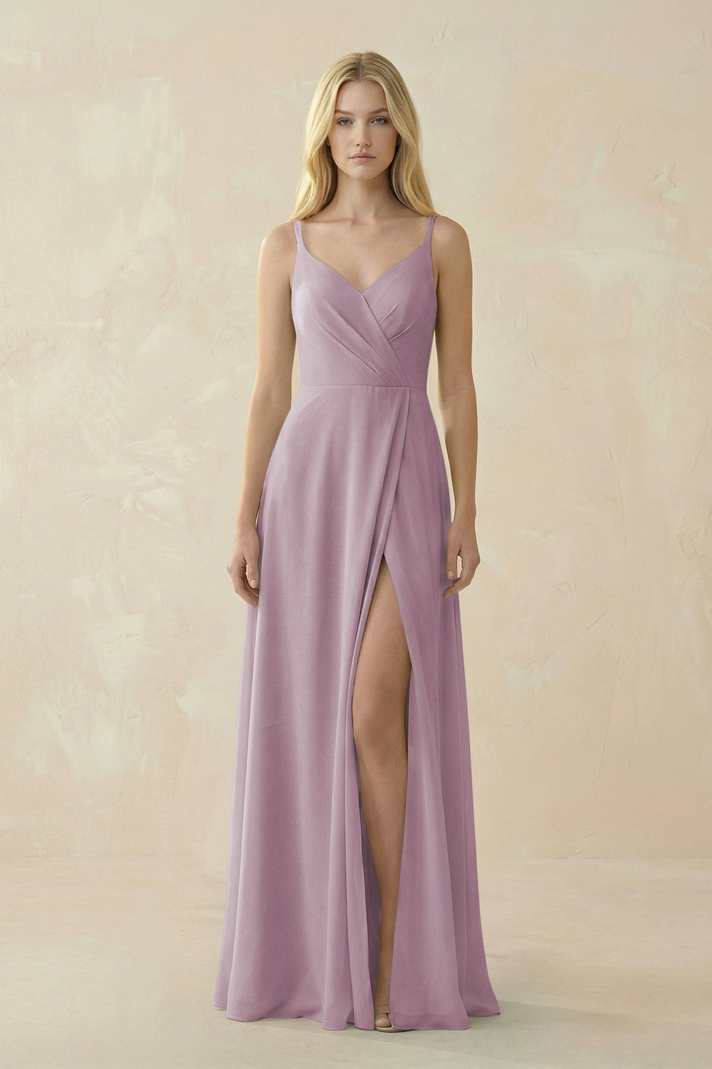 V - Neck Ruched Chiffon Bridesmaid Dress with Slit in Dusk - KissProm Bridesmaid Dresses