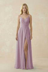 V - Neck Ruched Chiffon Bridesmaid Dress with Slit in Dusk - KissProm Bridesmaid Dresses