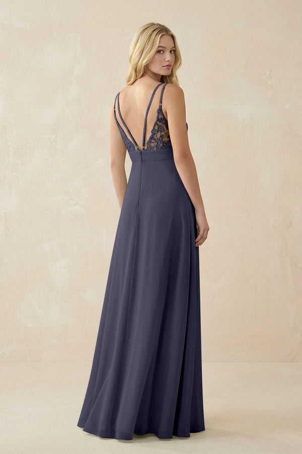 V - Neck Ruched Chiffon Bridesmaid Dress with Slit in Dusk Blue - KissProm Bridesmaid Dresses