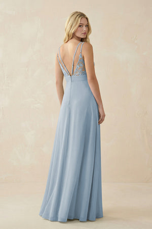 V - Neck Ruched Chiffon Bridesmaid Dress with Slit in Dusty Blue - KissProm Bridesmaid Dresses