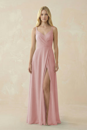 V - Neck Ruched Chiffon Bridesmaid Dress with Slit in Dusty Rose - KissProm Bridesmaid Dresses