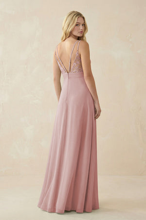 V - Neck Ruched Chiffon Bridesmaid Dress with Slit in Dusty Rose - KissProm Bridesmaid Dresses