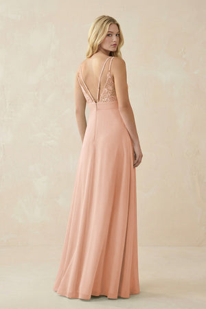 V - Neck Ruched Chiffon Bridesmaid Dress with Slit in English Rose - KissProm Bridesmaid Dresses