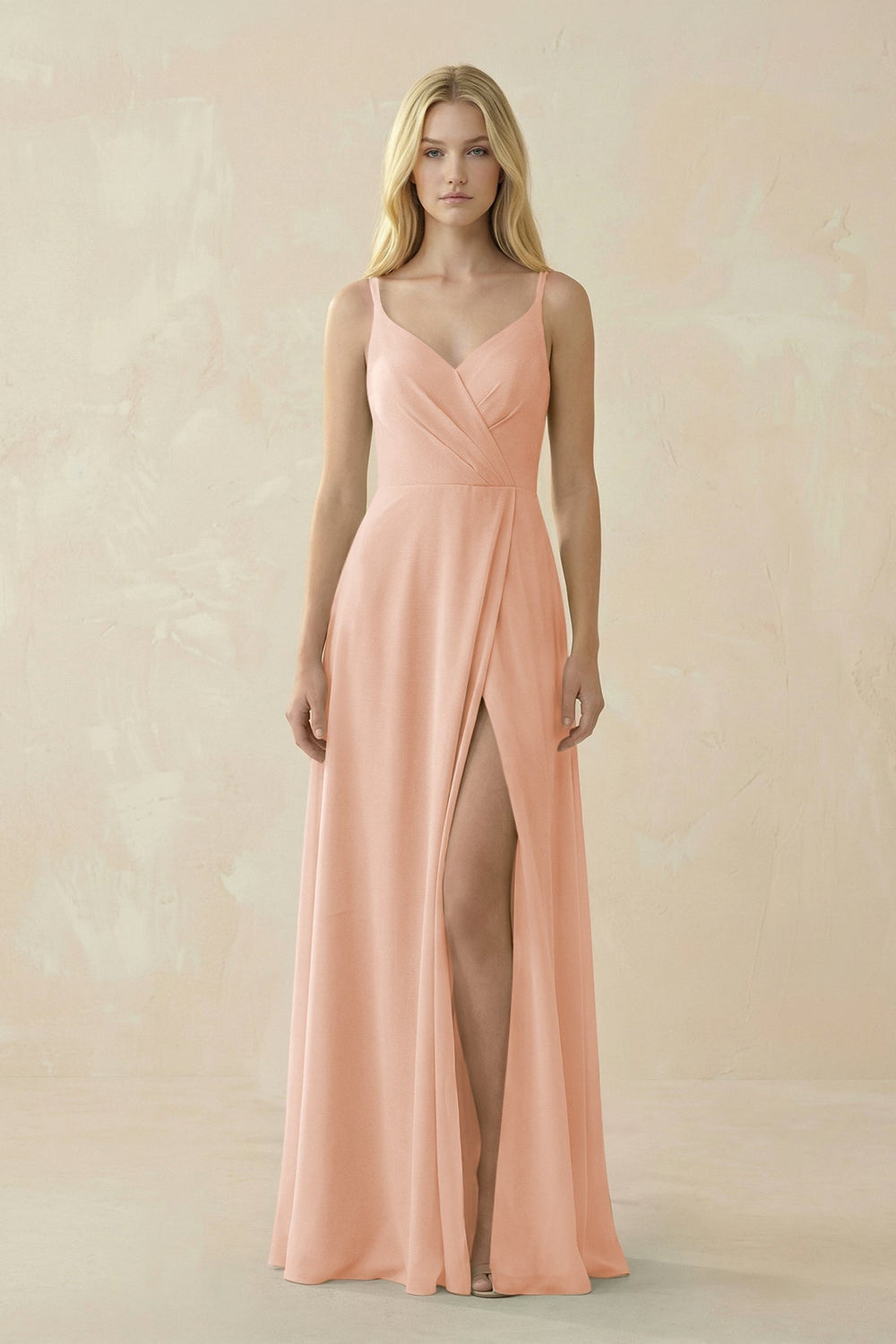 V - Neck Ruched Chiffon Bridesmaid Dress with Slit in English Rose - KissProm Bridesmaid Dresses