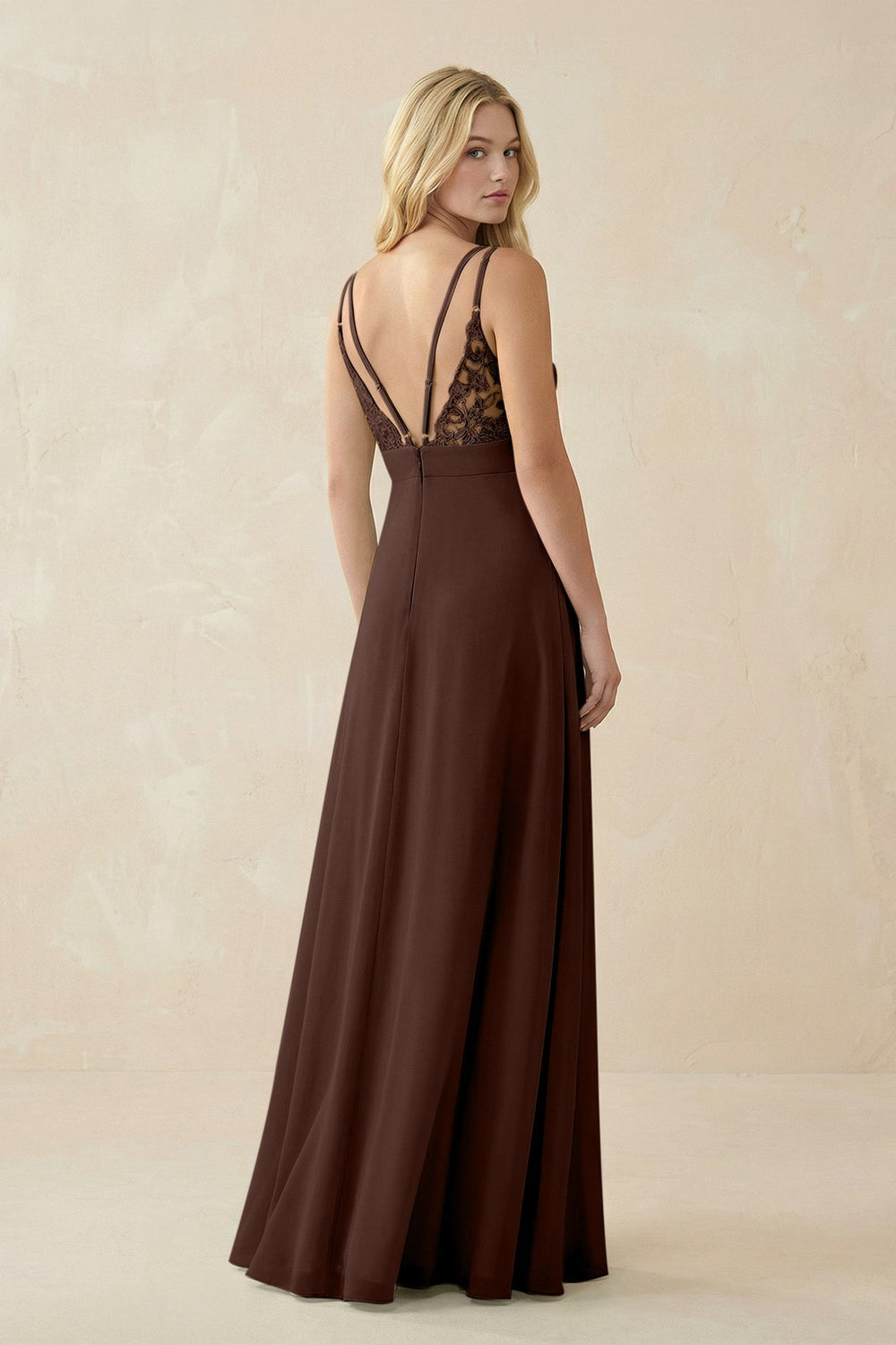 V - Neck Ruched Chiffon Bridesmaid Dress with Slit in Espresso - KissProm Bridesmaid Dresses