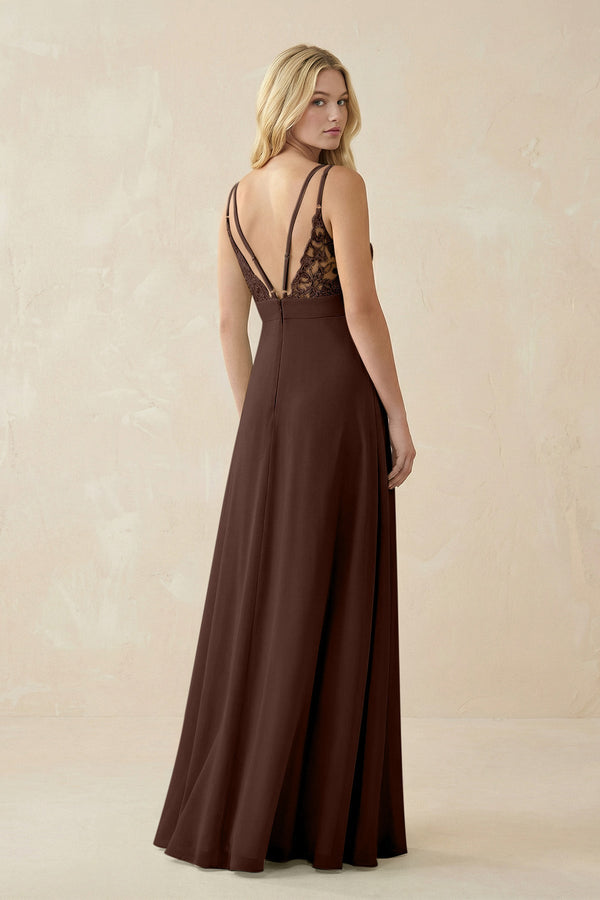 V - Neck Ruched Chiffon Bridesmaid Dress with Slit in Espresso - KissProm Bridesmaid Dresses